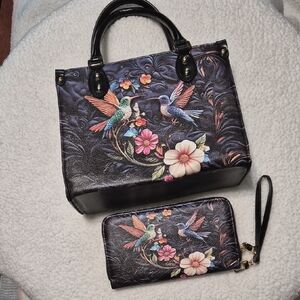 Floral Hummigbird Black Handbag and Wallet Set
